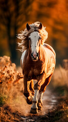 Energetic Horse Galloping Freely Across a Lush Field. Captivating Equine Beauty, Rural Serenity.
