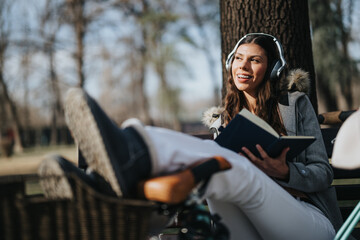 A fashionable young woman relaxing with a book and music on a bench in an urban park, exuding happiness and leisure on a sunny day.