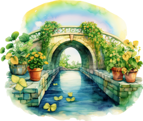 fantasy landscape , bridge , green plants , flowers , rainbow , watercolor illustration