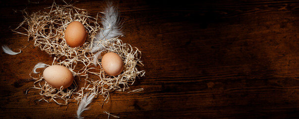 eggs from farm on a wooden background - 747542351