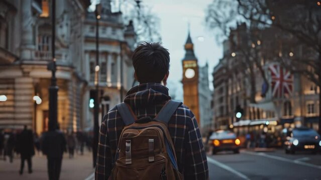 A young man with a backpack is walking along the streets of London.
