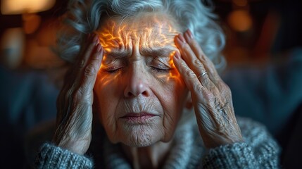 Adult woman has a headache. She sitting head in hands on dark black room.