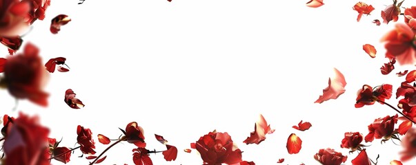 red roses flowers and petals isolated on white background. Valentine's day Floral frame composition. Empty copy text space.