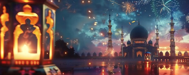 Obraz na płótnie Canvas ramadan kareem eid mubarak royal elegant lamp with mosque holy gate with fireworks.