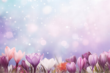Meadow of purple and pink flowers with a purple background - obrazy, fototapety, plakaty