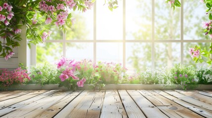 Wooden table of free space for your decoration. White big window with spring time. Fresh flowers on top