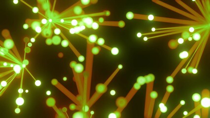 futuristische gelb grün leuchtende synchrone Netzwerkverknüpfungen mit Knotenpunkten, Fraktal,...