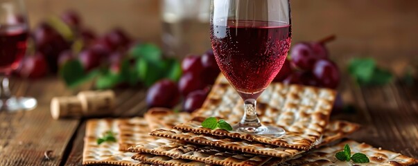 Pesach matzo passover with wine and matzoh jewish passover bread.