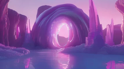 Rolgordijnen Surreal Pink Landscape with Glowing Portal, Fantasy World Concept, Digital Art Background, Mysterious Alien Terrain © Psykromia