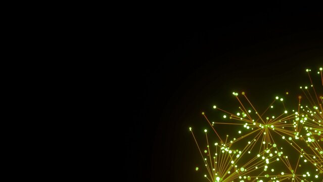 futuristische gelb grün leuchtende synchrone Netzwerkverknüpfungen mit Knotenpunkten, Fraktal, Muster, Kreis, Links, Verbindungen, KI, Internet, Server, Plexuseffekt, System, FTTH, Daten, leuchten
