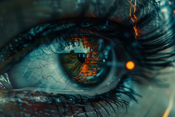 A close up of a woman 's eye with a reflection of a computer screen