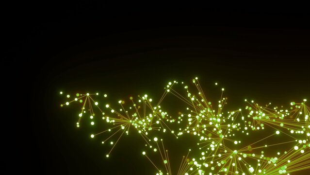 futuristische gelb grün leuchtende synchrone Netzwerkverknüpfungen mit Knotenpunkten, Fraktal, Muster, Kreis, Links, Verbindungen, KI, Internet, Server, Plexuseffekt, System, FTTH, Daten, leuchten
