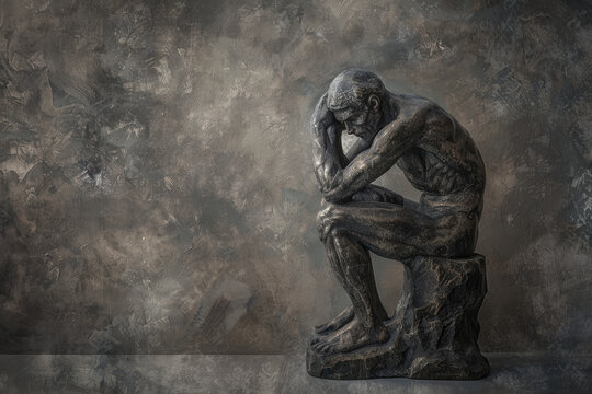 The Thinker sculpture, showing the concept of philosophy. This inspires contemplation and intellectual exploration, signifying deep thought and introspection with copy space