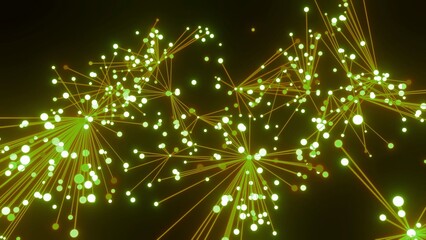 futuristische gelb grün leuchtende synchrone Netzwerkverknüpfungen mit Knotenpunkten, Fraktal, Muster, Kreis, Links, Verbindungen, KI, Internet, Server, Plexuseffekt, System, FTTH, Daten, leuchten
