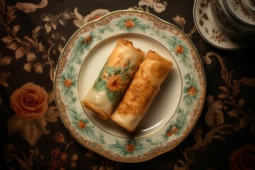 Highly detailed close-up photography of a refined  egg roll on a plastic tray against a vintage wallpaper background. AI Generation
