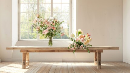 Wooden table of free space for your decoration. White big window with spring time. Fresh flowers on top