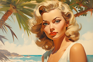 1940s beachside glamour. Female with beautifully styled hair and makeup reminiscent of the era's iconic stars, on backdrop of lush tropical palms and a tranquil sea, Hollywood's golden age style