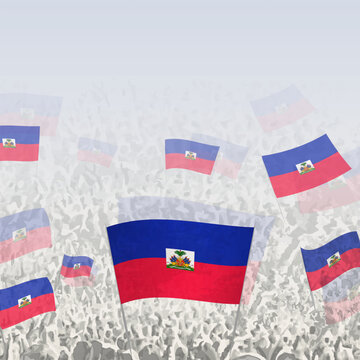 Crowd of people waving flag of Haiti square graphic for social media and news.