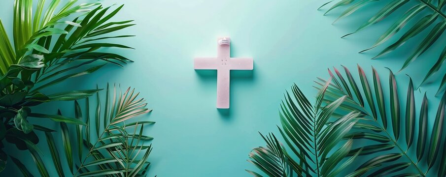 Palm cross and palm leaves. Palm sunday and easter day concept.
