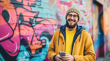 Cheerful hipster man with glasses using phone by vibrant street art.