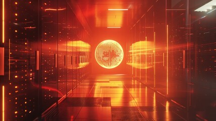 the efficiency and precision of AI data processing in a bustling Data Center, where servers hum with activity, conveying both speed and accuracy.