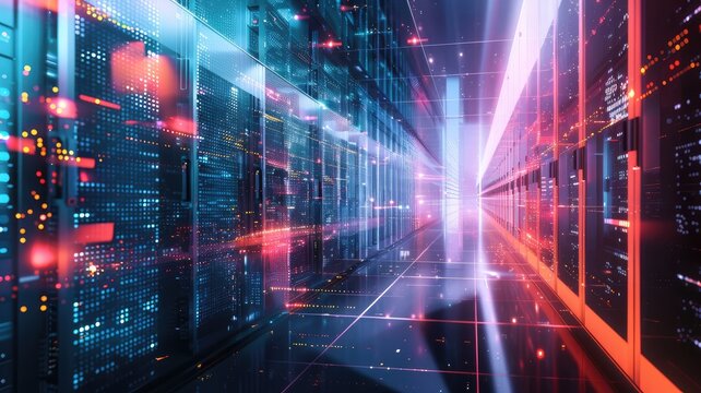 the efficiency and precision of AI data processing in a bustling Data Center, where servers hum with activity, conveying both speed and accuracy.