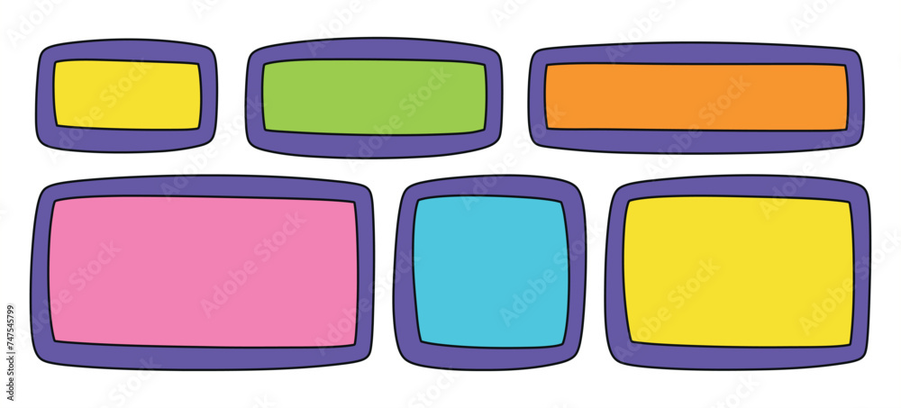 Sticker a set of hand drawn doodle blank text frames. colored text box. empty speech bubbles on transparent 