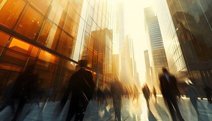 abstract blur people walking through busy city big building large windows light motion shadows silhouettes 