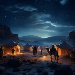 Keuken spatwand met foto the moonlit desert, with tents and camels resting beneath the serene night sky © wizXart