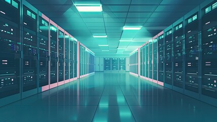 the efficiency and precision of AI data processing in a bustling Data Center, where servers hum with activity, conveying both speed and accuracy.