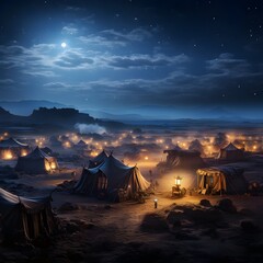the moonlit desert, with tents and camels resting beneath the serene night sky