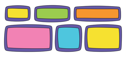 A set of hand drawn doodle blank text frames. Colored text box. Empty speech bubbles on transparent background.  Flat Vector Illustration EPS10