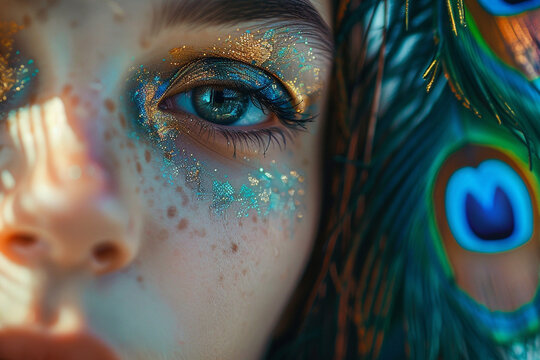Closeup of beautiful young woman with peacock feather 