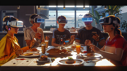 Futuristic family with futuristic monitor masks eating