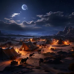 Fotobehang the moonlit desert, with tents and camels resting beneath the serene night sky © wizXart