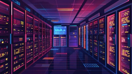 the efficiency and precision of AI data processing in a bustling Data Center, where servers hum with activity, conveying both speed and accuracy.
