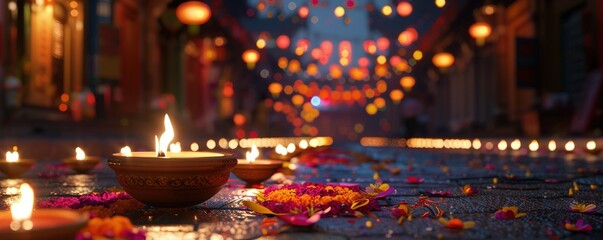 Happy Diwali - Lit diya lamp on street at night. Happy Diwali festival with oil lamp, Diwali holiday Background with rangoli, Diwali celebration greeting card. - obrazy, fototapety, plakaty