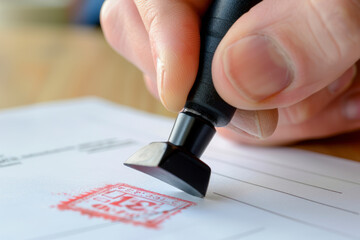 Close-up Of A Person's Hand Stamping With Approved Stamp On Document At Desk. - obrazy, fototapety, plakaty