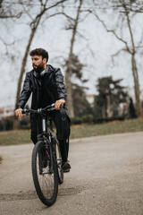 A stylish businessman with a bike enjoys working remotely from a serene urban park, blending business with outdoor life.