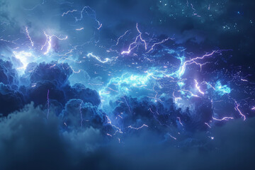 Lightning strikes in a dark blue sky with clouds - obrazy, fototapety, plakaty