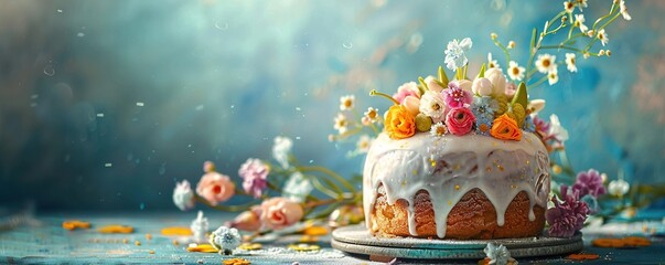 Glazed easter cake decorated with flowers on textured background. Happy Easter