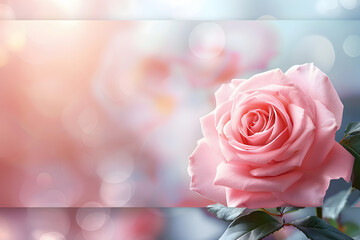 Horizontal banner with rose of pink color on blurred background. Copy space for text. Mock up template