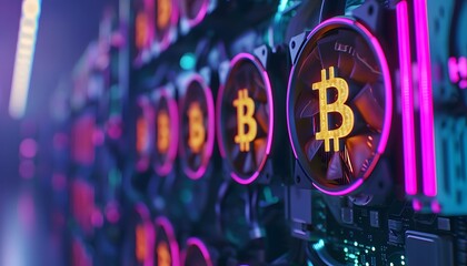 Futuristic Bitcoin Mining Rig with Neon Lights Digital Currency