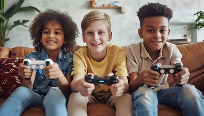 three young kids playing video games together hanging out on couch holding controllers 