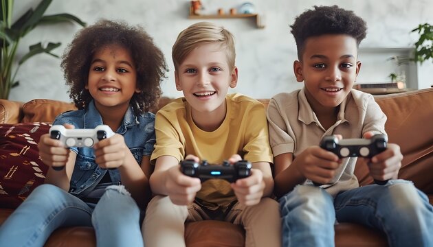 three young kids playing video games together hanging out on couch holding controllers
