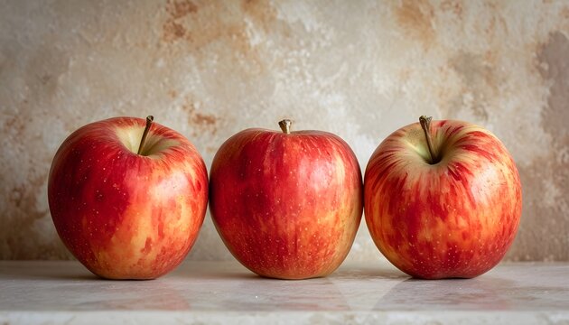 three red apples sitting next to each other on display 