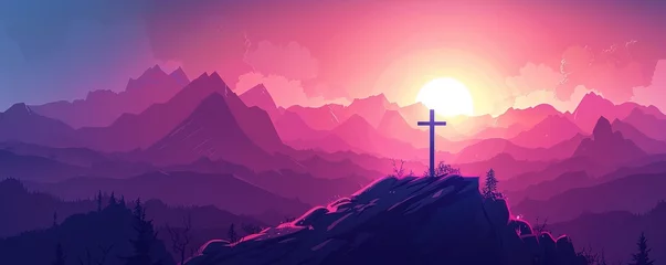 Foto op Plexiglas Cross and Crown of thorns on the mountain with sunset. Good friday background banner. Christian concept design. vector art illustration © Svitlana