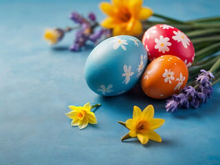 Easter holiday background with Easter eggs and yellow daffodil flowers on blue wooden table.