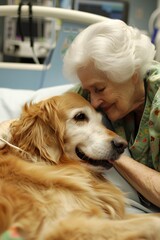 old woman petting emotional support dog in hospital 