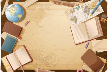 Fototapeta na wymiar high quality Nordic style cartoon Border design surrounded by stationery supplies, pen, book, Globe, brown background